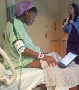 mum laboring taking exam